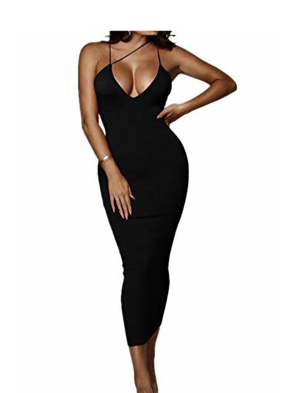 Sexy Black Midi Dress with Plunge Neck and Thin Straps